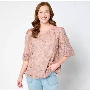 LOGO Lavish by Lori Goldstein Women M Pink Eyelet Floral Blouse Top Elbow Sleeve